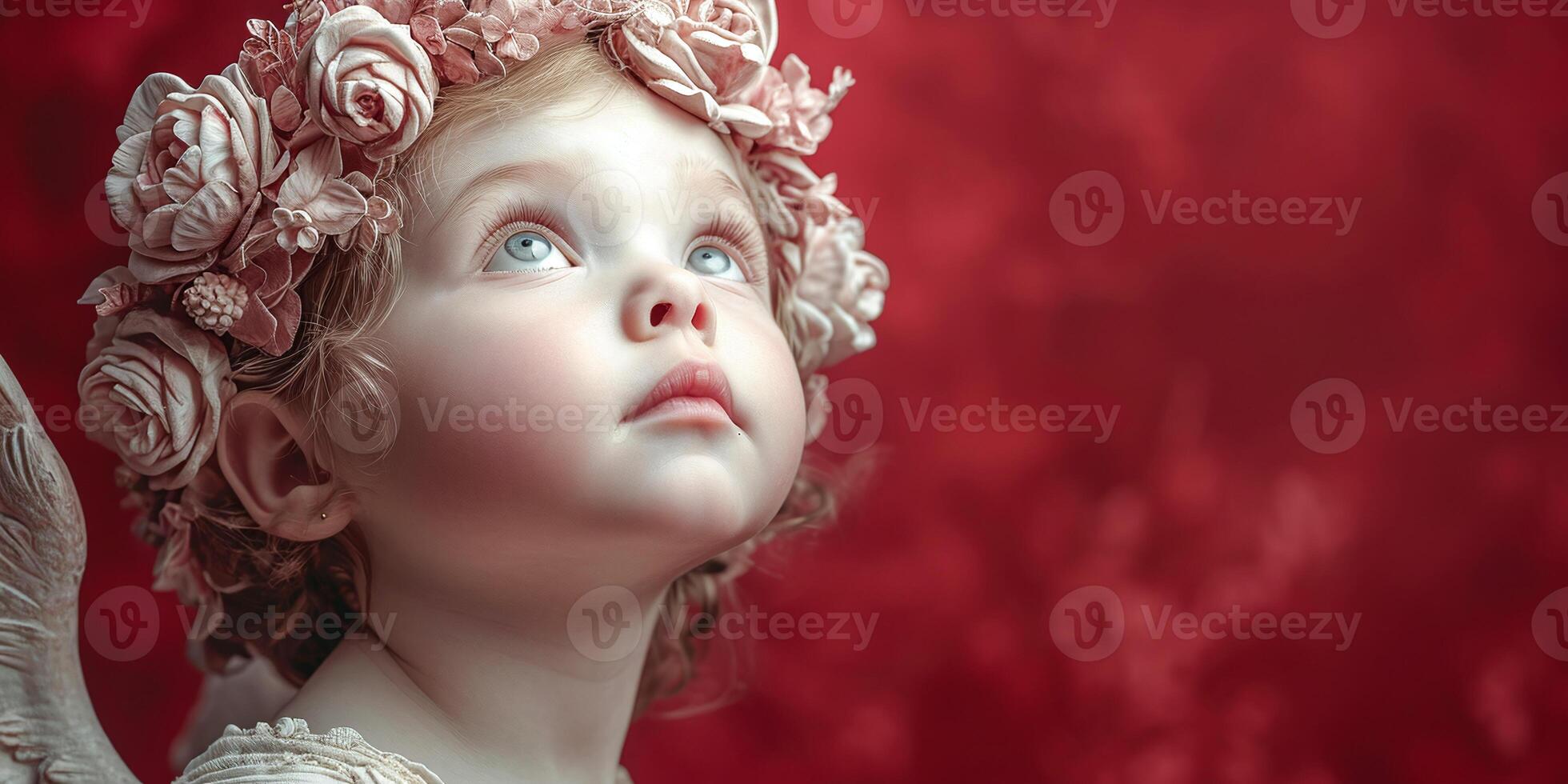 AI generated Banner Child angel with rose headband gazing upward on red photo