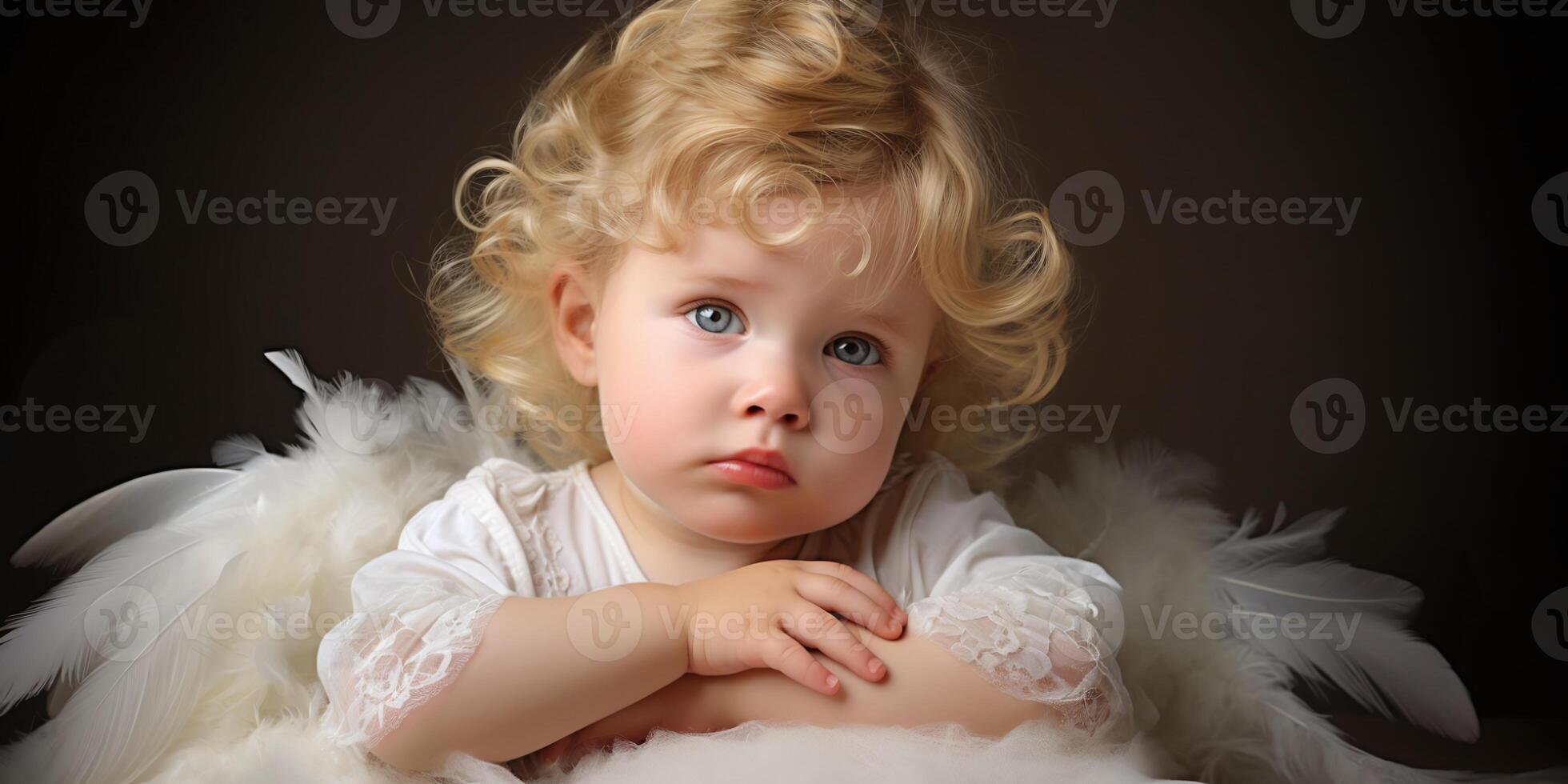 AI generated Child angel with curly blonde hair and blue eyes, dressed in white lace, surrounded by soft feathers photo