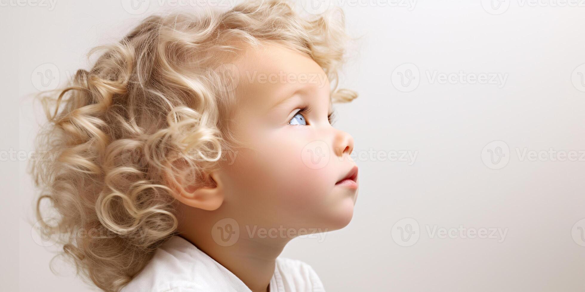AI generated Banner Curly blonde toddler looking up with bright blue eyes, soft white backdrop, profile shot photo