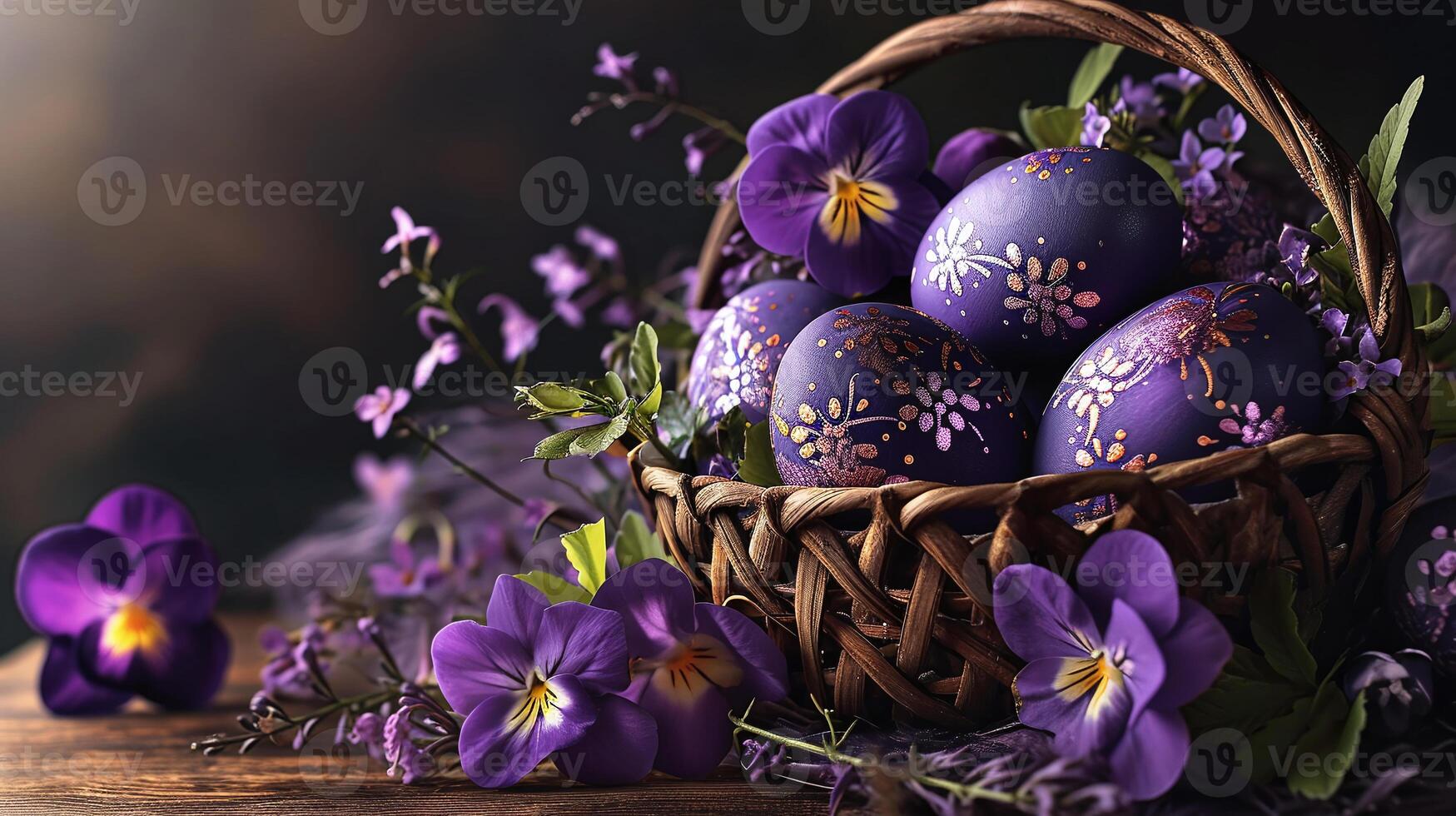 AI generated Easter celebration background with decorated purple eggs in a wicker basket, perfect for festive springtime greetings. photo