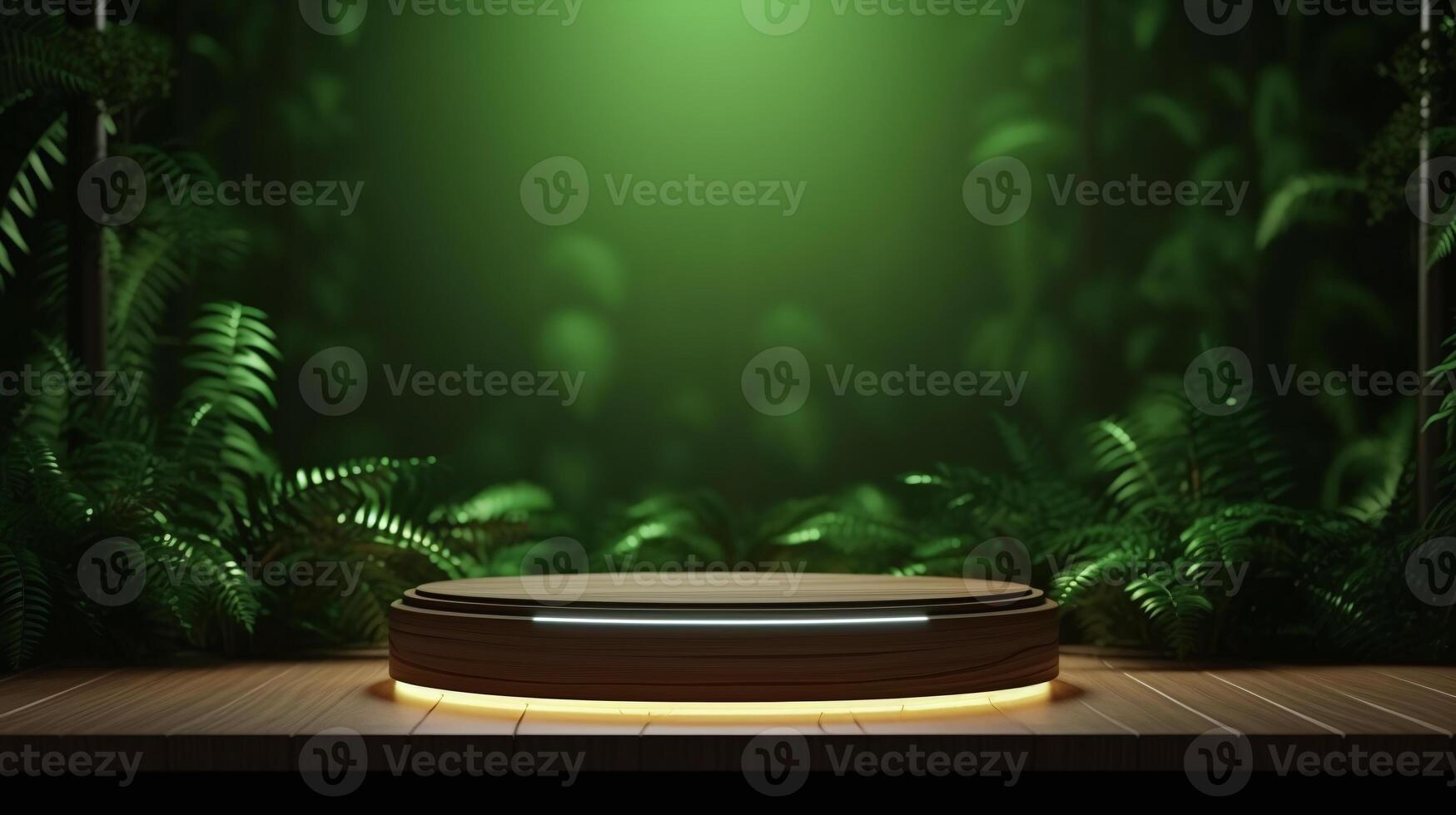AI generated Product display podium with lush greenery, ideal for showcasing premium goods in a natural setting. photo