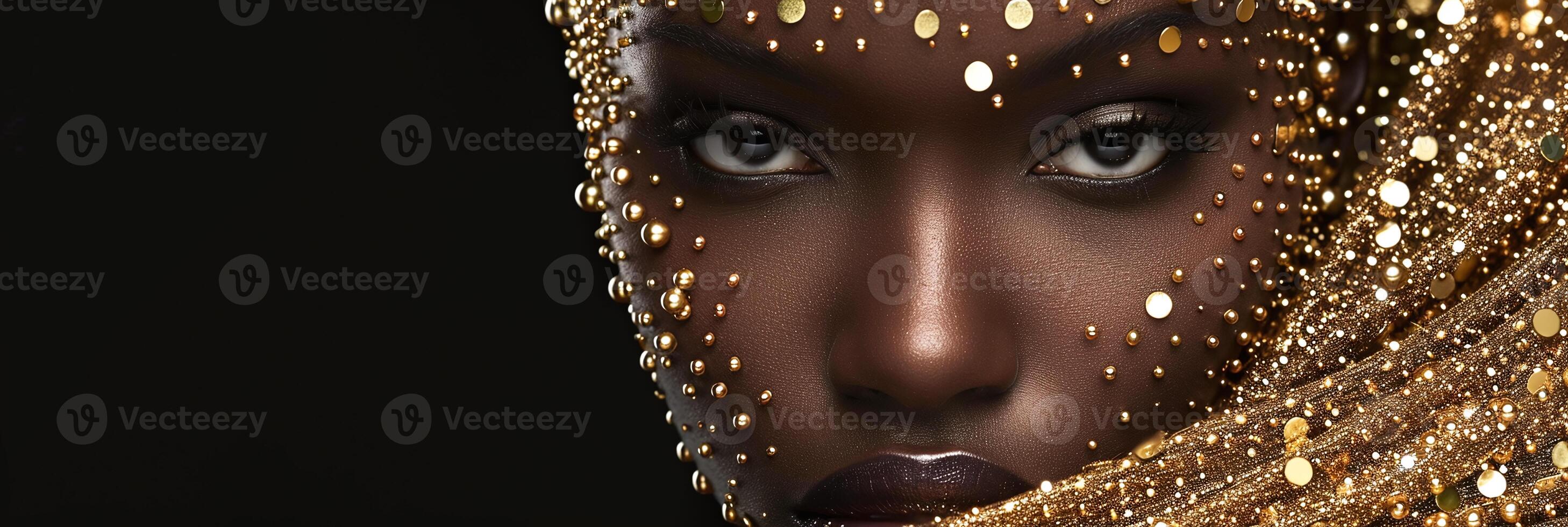 AI generated Banner Elegant African American woman adorned with golden beads and sequins, ideal for beauty and fashion concepts. photo
