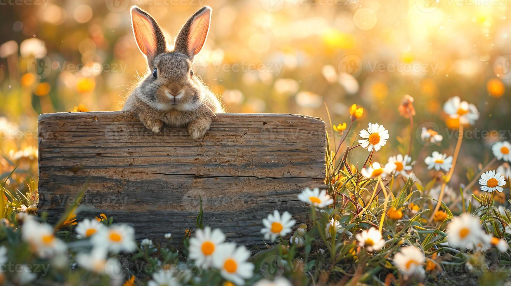 AI generated Charming bunny perched on rustic wooden sign amidst a blooming daisy meadow in golden sunlight photo