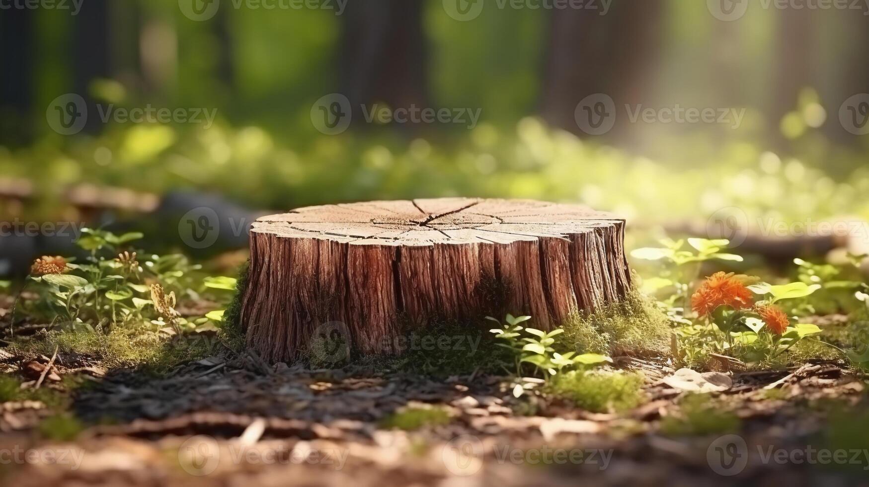 AI generated Natural tree stump podium in sunlit forest, perfect for eco-friendly product display or nature-themed presentations. photo