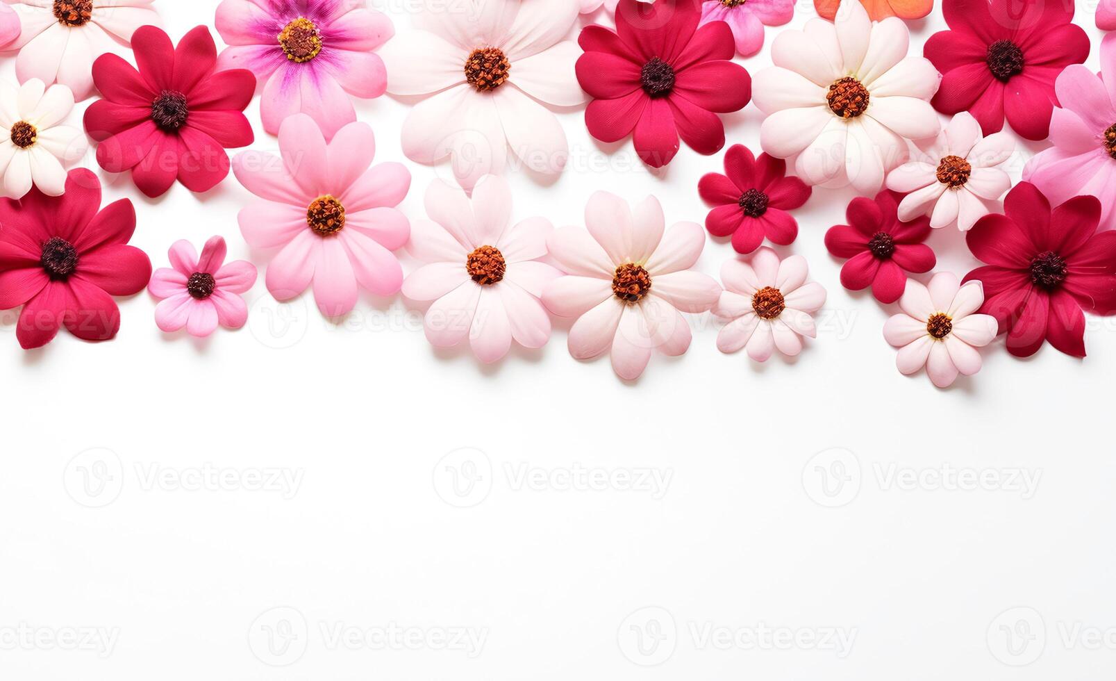 AI generated Pink to red gradient flowers banner with white copyspace, ideal for festive and seasonal design backgrounds. photo