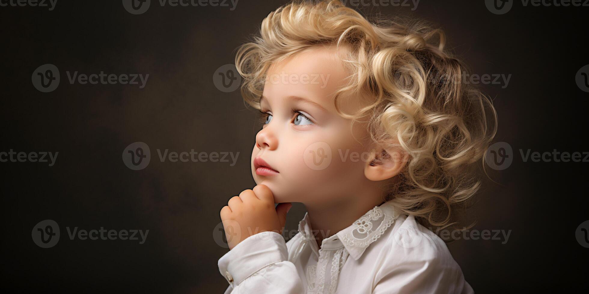 AI generated Thoughtful blonde child with curly hair, hand on chin, deep in thought photo