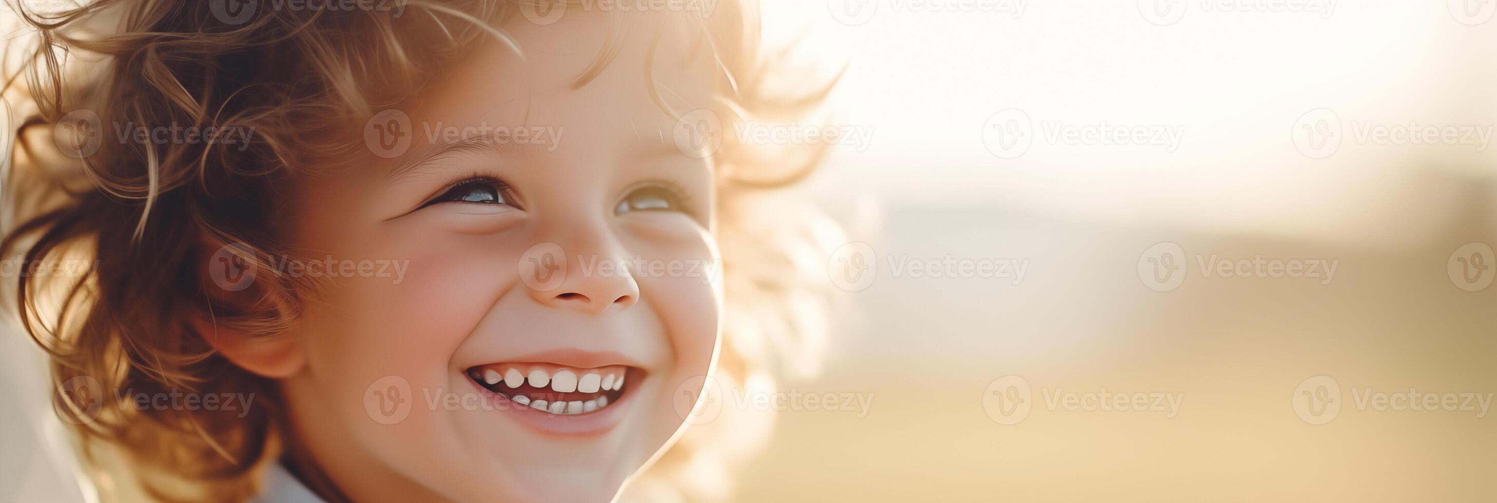 AI generated Banner Laughing curly-haired toddler in sunlight, ideal for content on childhood joy, parenting, and playful kids. photo