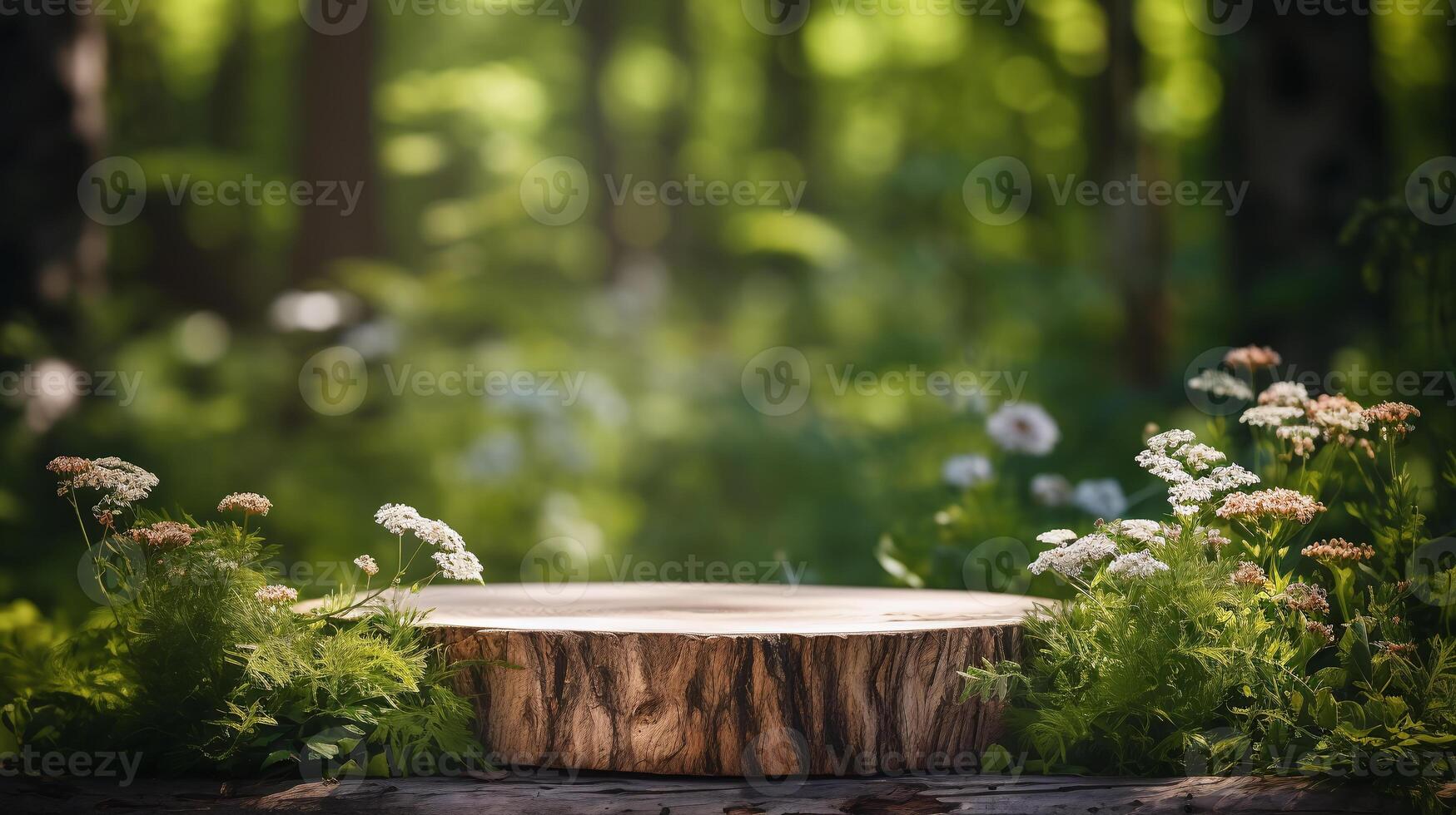 AI generated Stump podium in a serene forest setting, perfect for product displays, 3D presentations and eco-friendly branding. photo