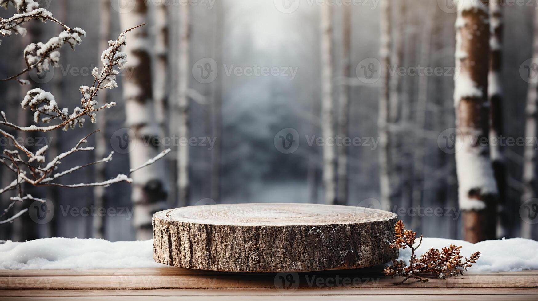 AI generated Winter sale podium. Rustic wooden stump on snowy forest backdrop, ideal for product display, nature-inspired marketing. photo