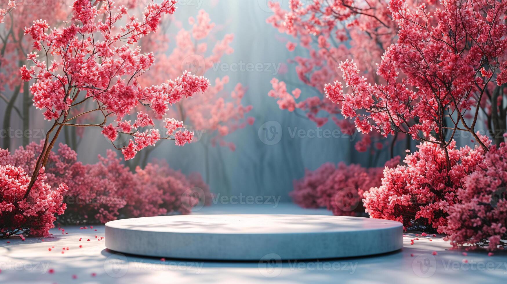 AI generated Spring product presentation podium with vibrant pink cherry blossom trees photo