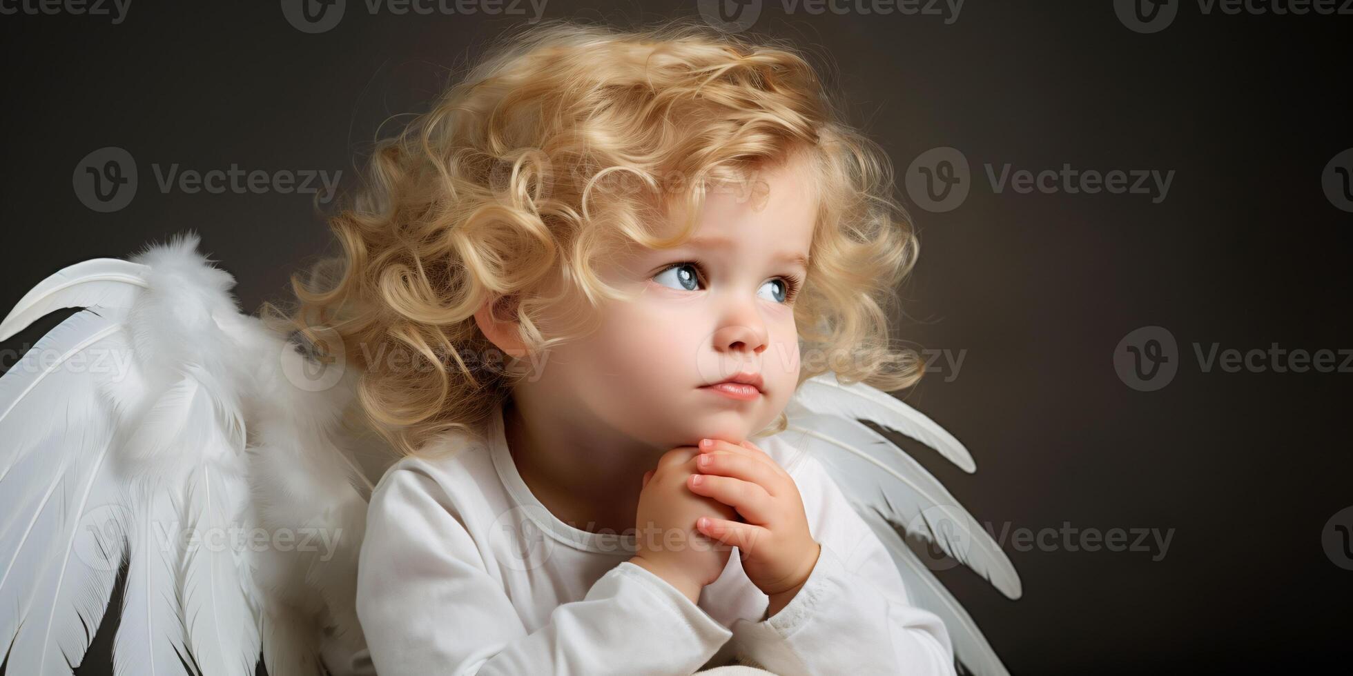 AI generated Angel toddler with curly hair, white wings, thoughtful pose, studio background, child portrait, innocence concept. photo