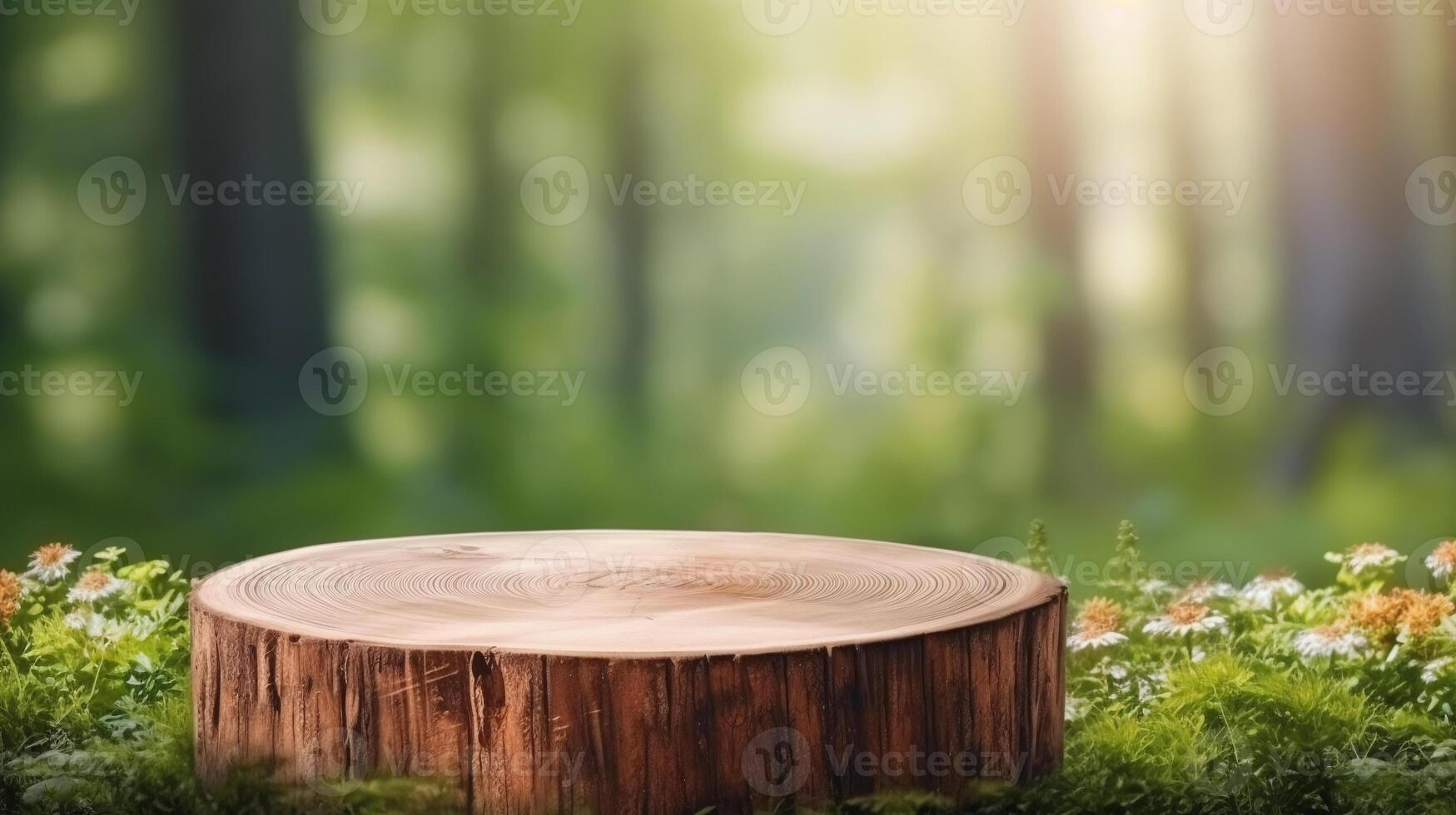 AI generated Natural wooden stump podium in forest setting - ideal for product display, eco-friendly presentations, and rustic outdoor events. photo