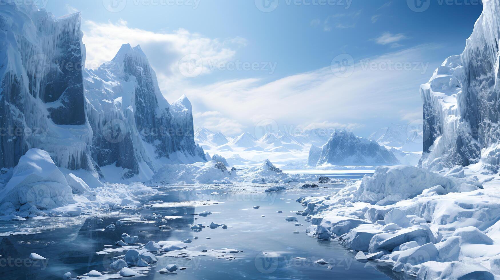 ai generado ártico paisaje con derritiendo icebergs y glaciares debajo claro cielo, simbolizando clima cambio y global calentamiento efectos foto