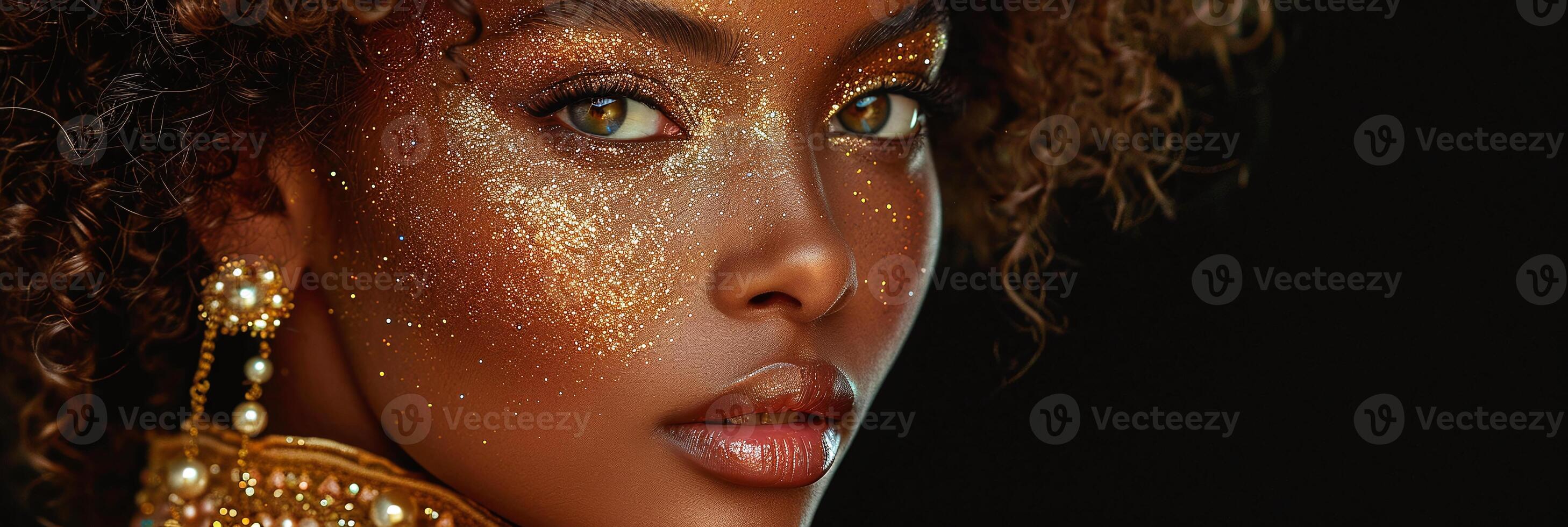 AI generated Banner Elegant African woman with golden glitter makeup, lush curls, and luxurious pearls. photo