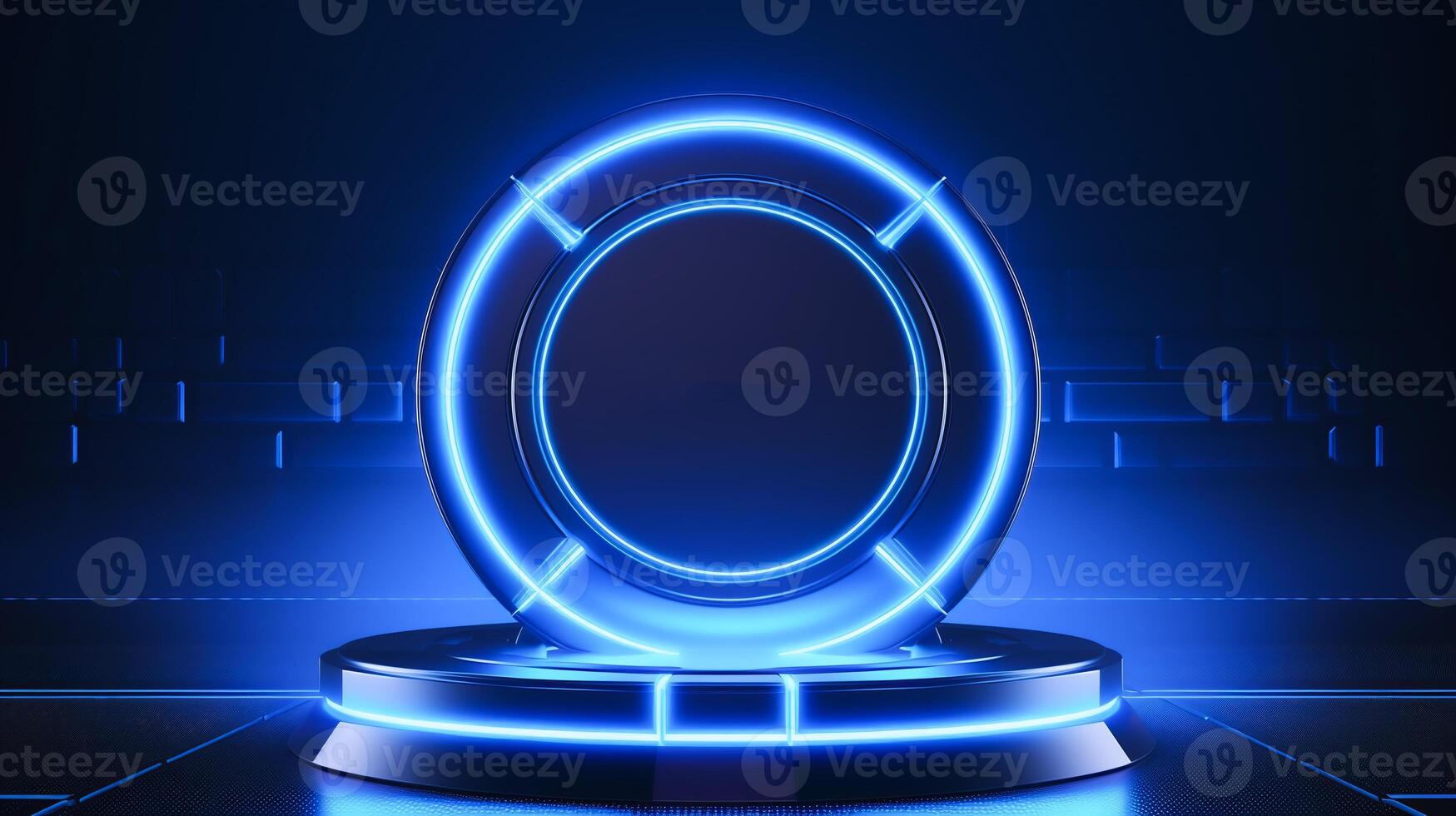 AI generated Futuristic blue LED light circle podium for product display on a dark tech background. photo