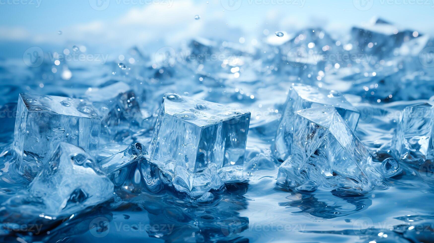 AI generated Crystal clear ice cubes floating in blue water, ideal for refreshing drink advertisements and high-definition wallpapers. photo