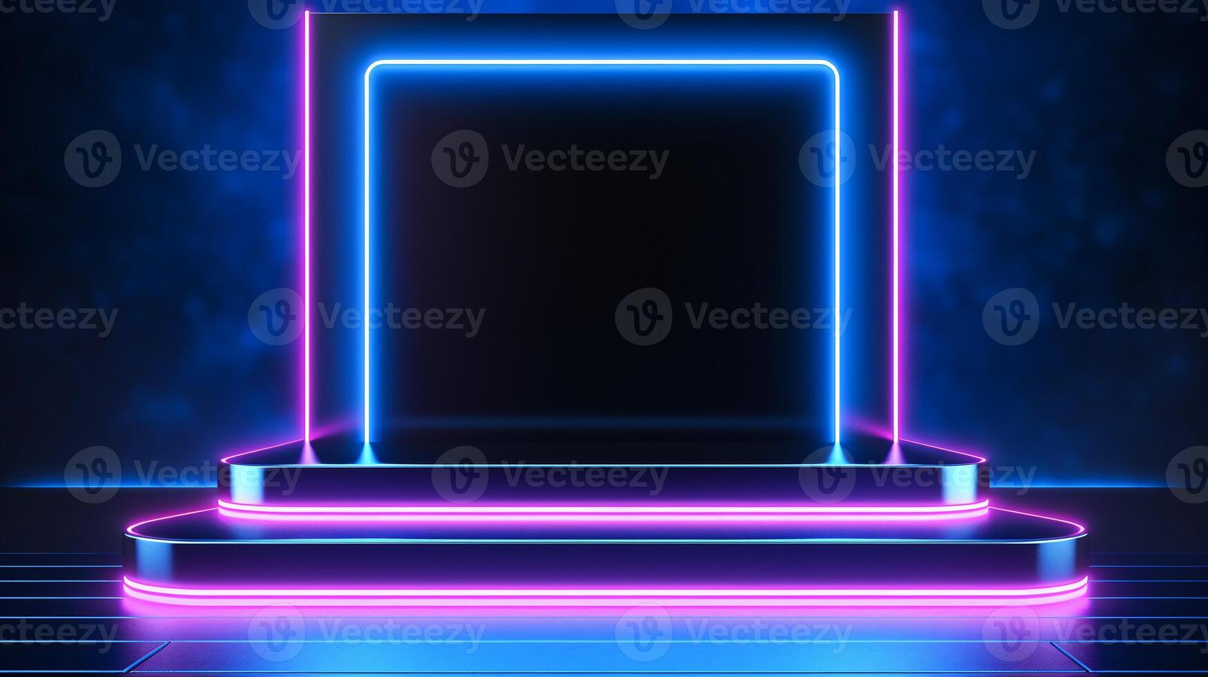 AI generated Neon glowing podium for product display, futuristic presentation stand in dark room photo