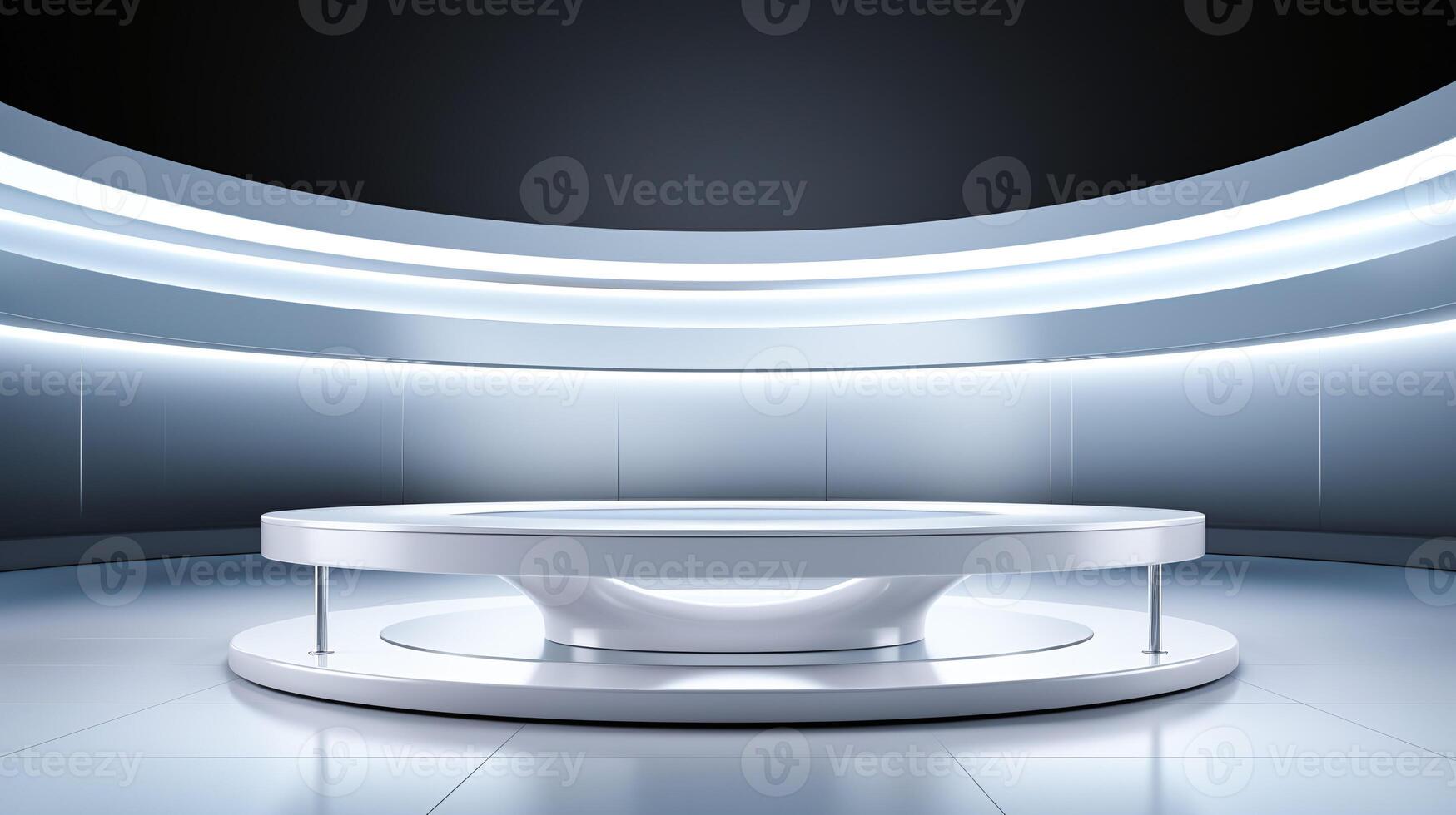 AI generated Modern sleek product presentation podium in a futuristic showroom setting. photo