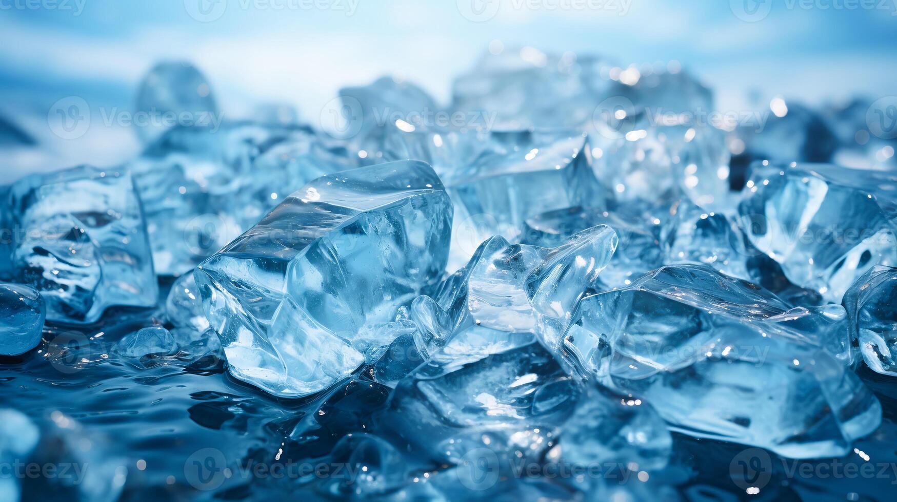 AI generated Ice cubes closeup with blue hues, high detail crystal clear ice on water background. photo