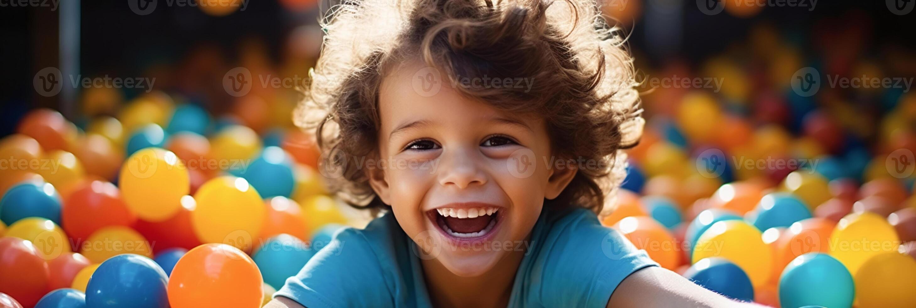 AI generated Happy child in colorful ball pit at play area - vibrant, joyful, and playful scene for family fun. photo