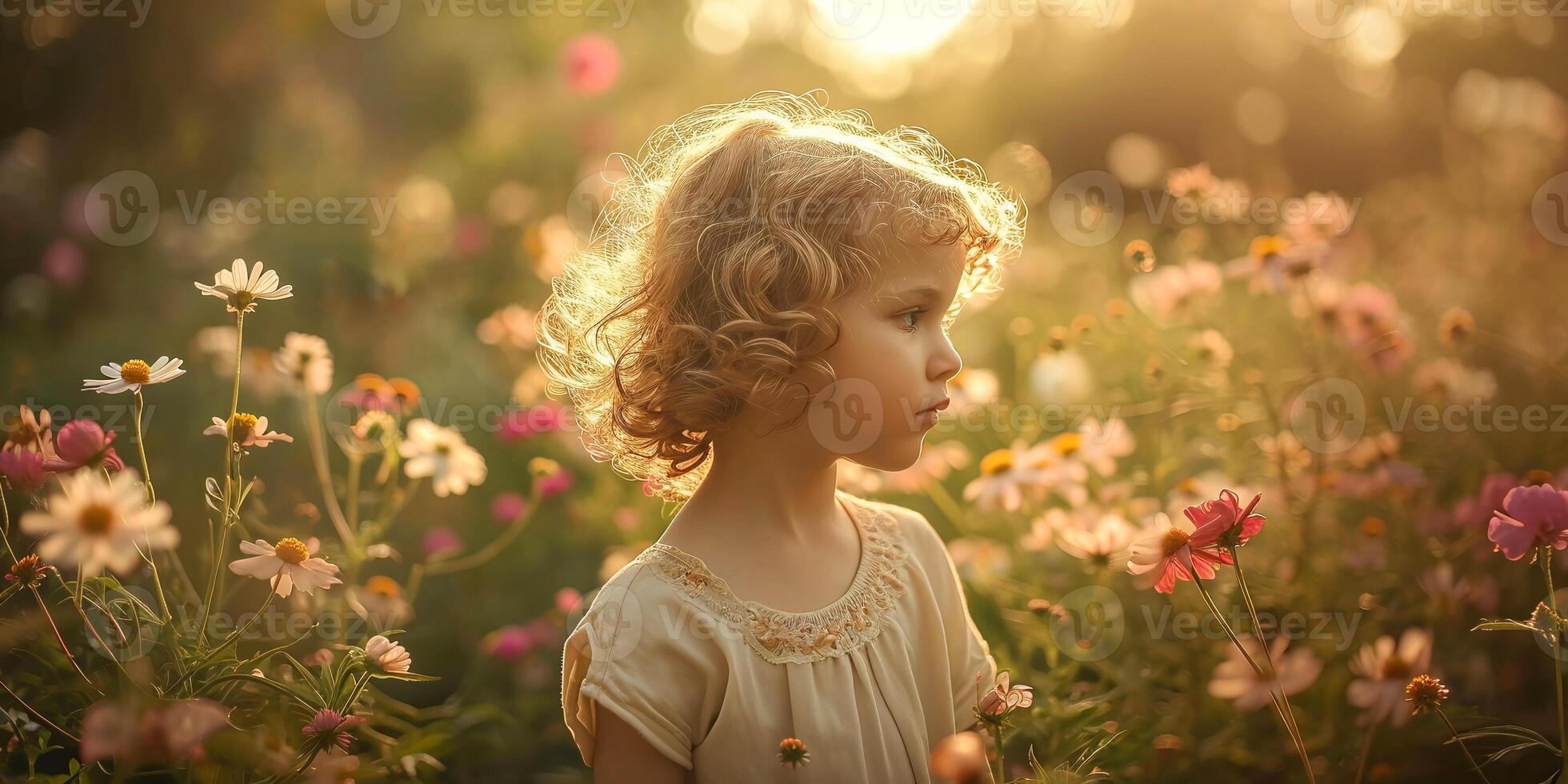 AI generated Little girl in meadow, golden light, wildflowers, whimsical portrait. photo