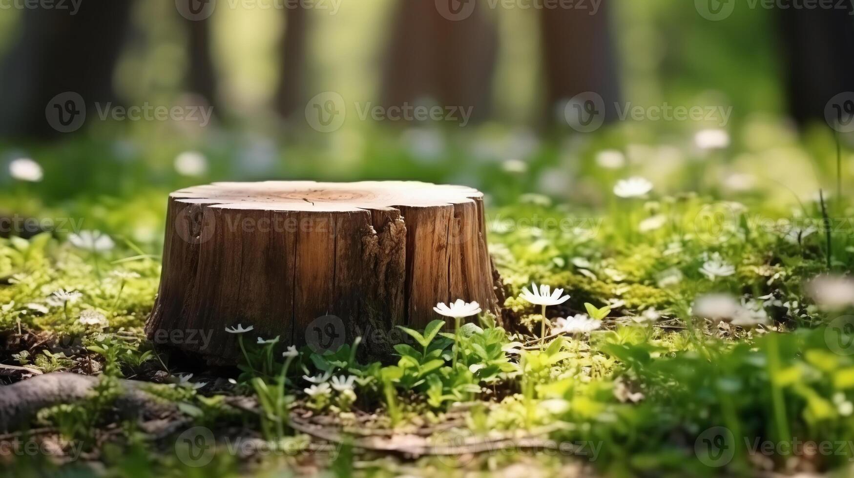 AI generated Natural wooden stump podium in a forest setting, ideal for product display, amidst vibrant green foliage and spring flowers. photo