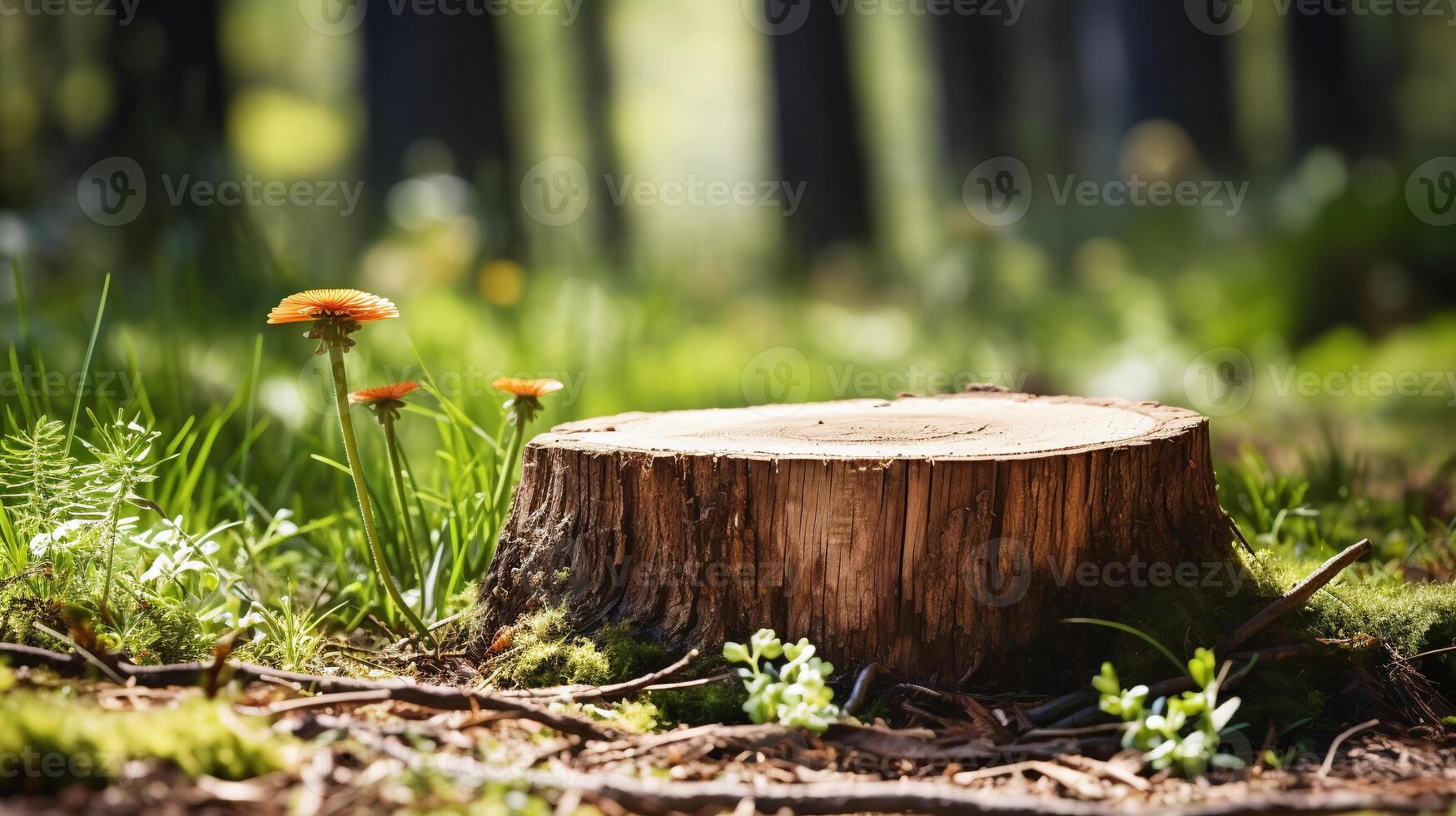 AI generated Natural wooden stump podium in forest setting, perfect for product display, eco-friendly presentation, and rustic decor themes photo