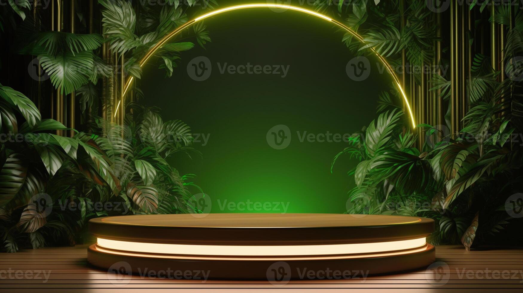 AI generated Elegant product display podium surrounded by lush tropical foliage with a glowing neon arch backdrop photo