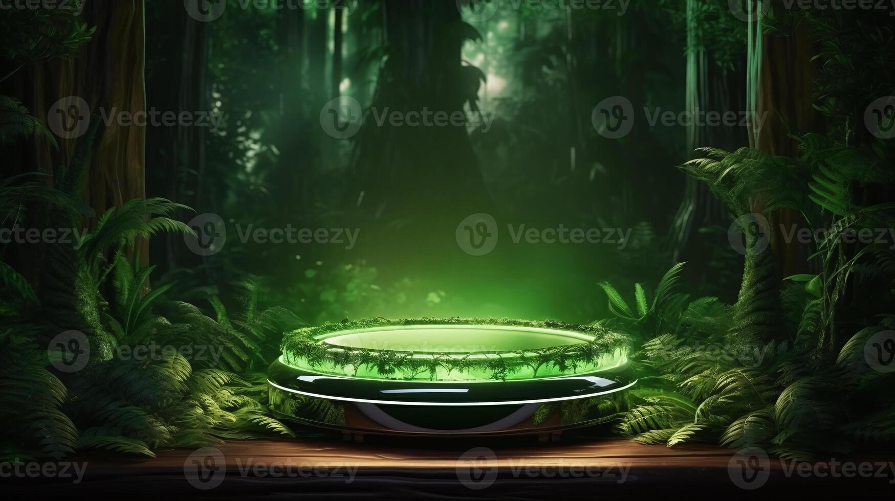 AI generated Product display stand in a mystical forest setting, perfect for showcasing organic and natural products in a magical, green-themed environment. photo