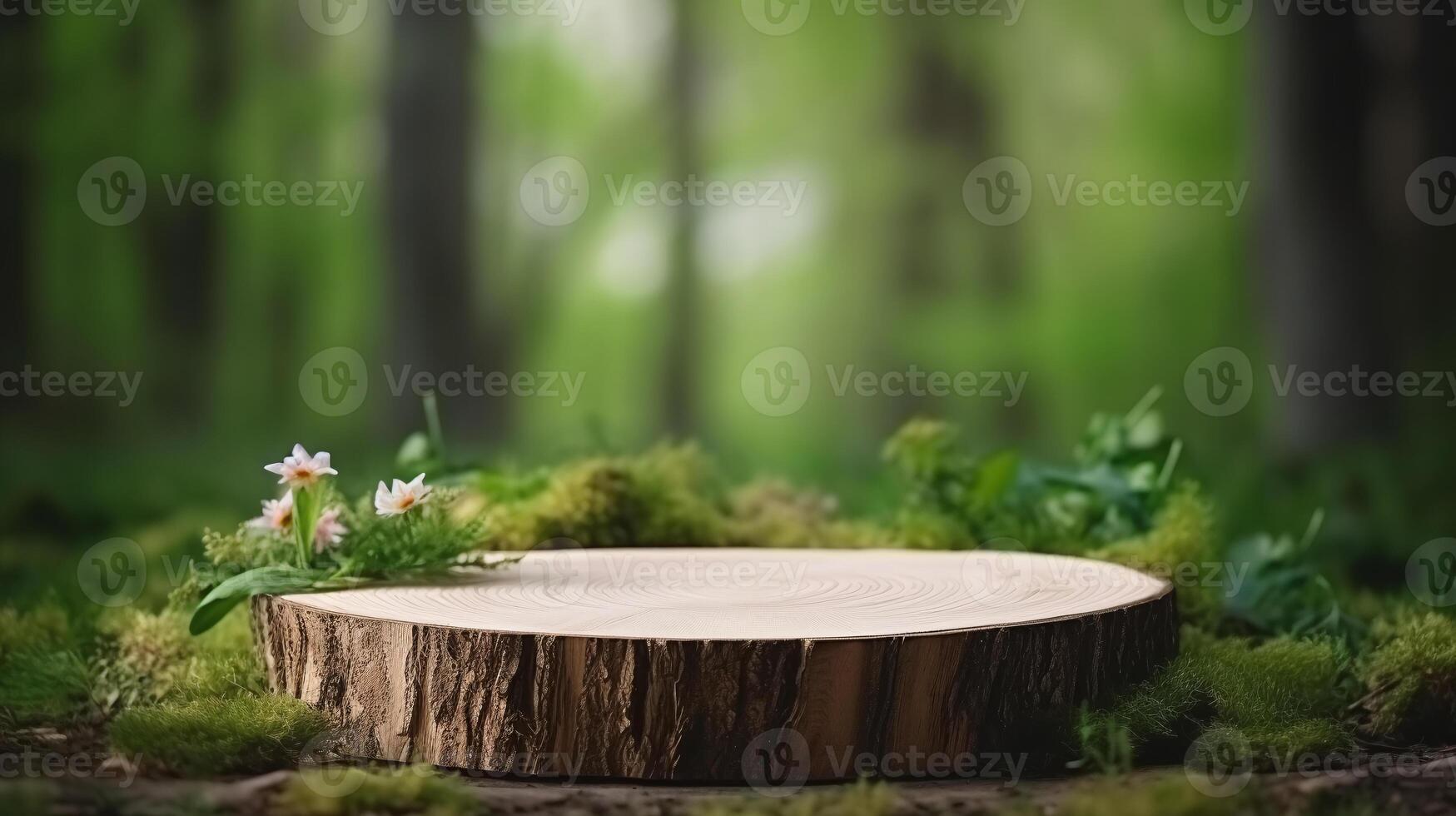 AI generated Natural wooden stump podium in forest setting for eco-friendly product display, perfect for showcasing organic items. photo