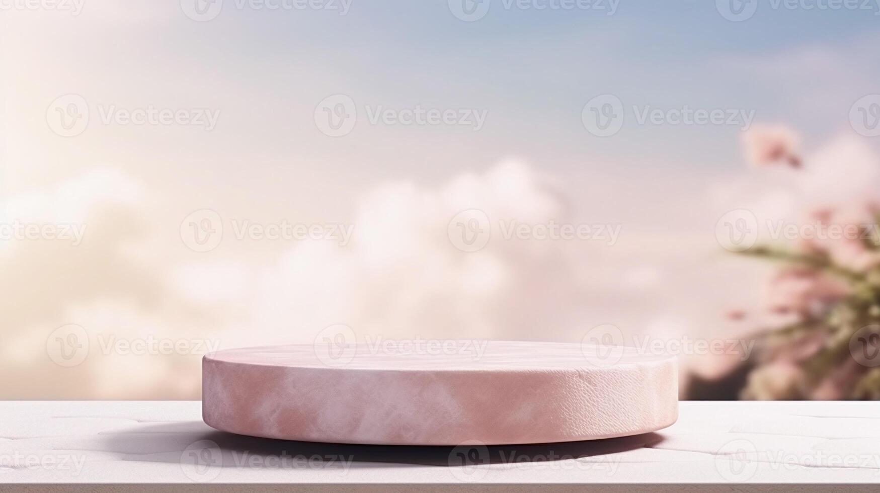 AI generated Minimalist pink podium for product display, ideal for presentations and retail promotion in a dreamy soft light backdrop. photo