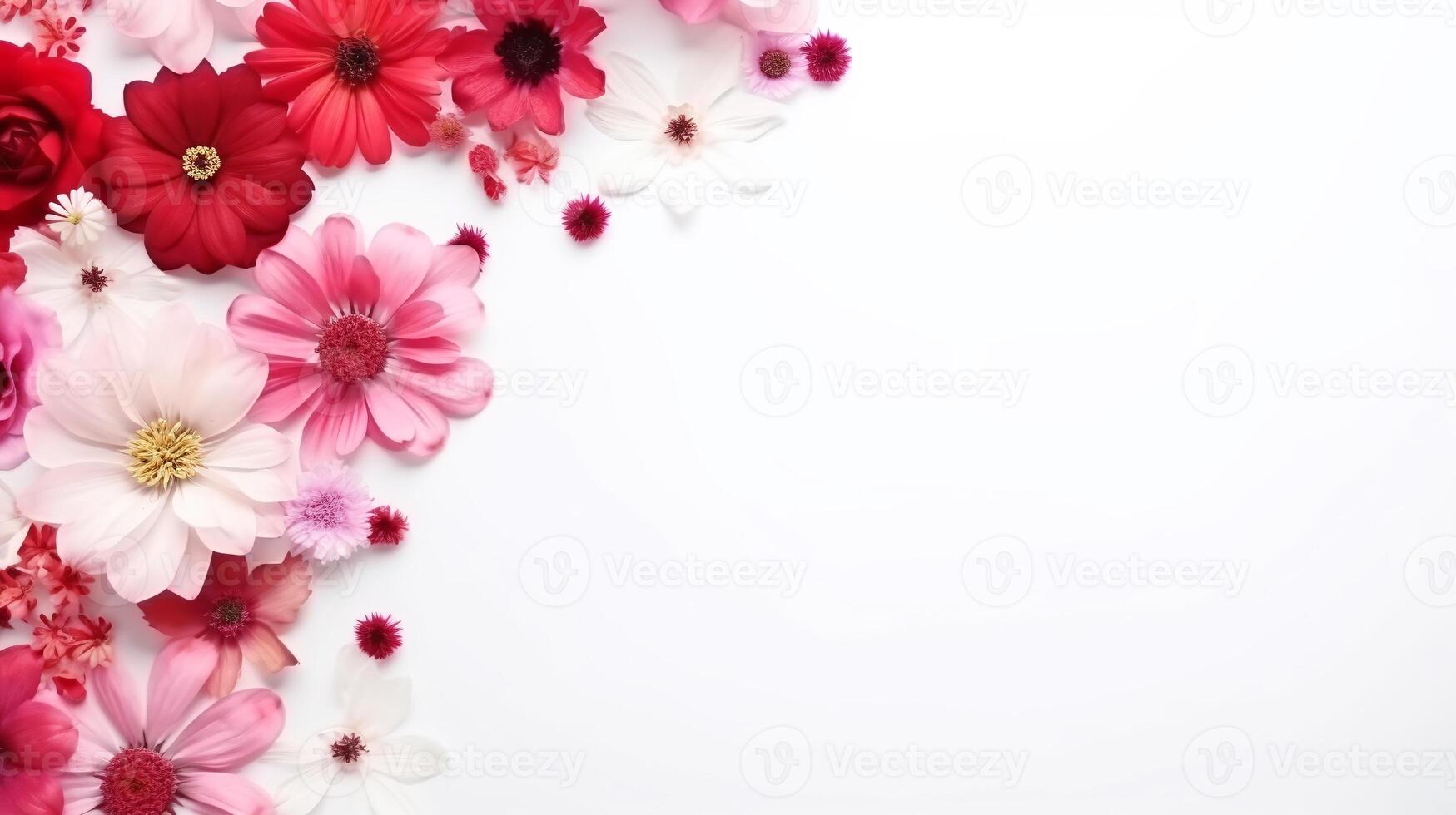 AI generated Elegant floral banner with assorted red, pink, and white flowers on white background, ideal for invitations, cards, and web headers. photo