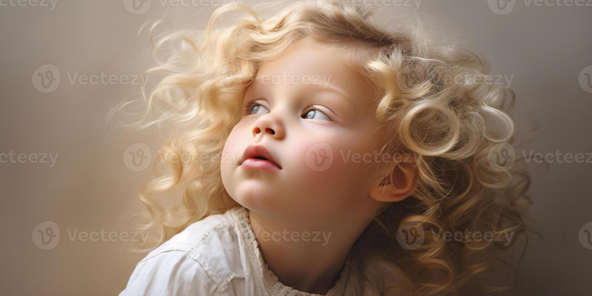 AI generated Portrait of a curious blonde toddler with curly hair gazing upwards in soft light photo