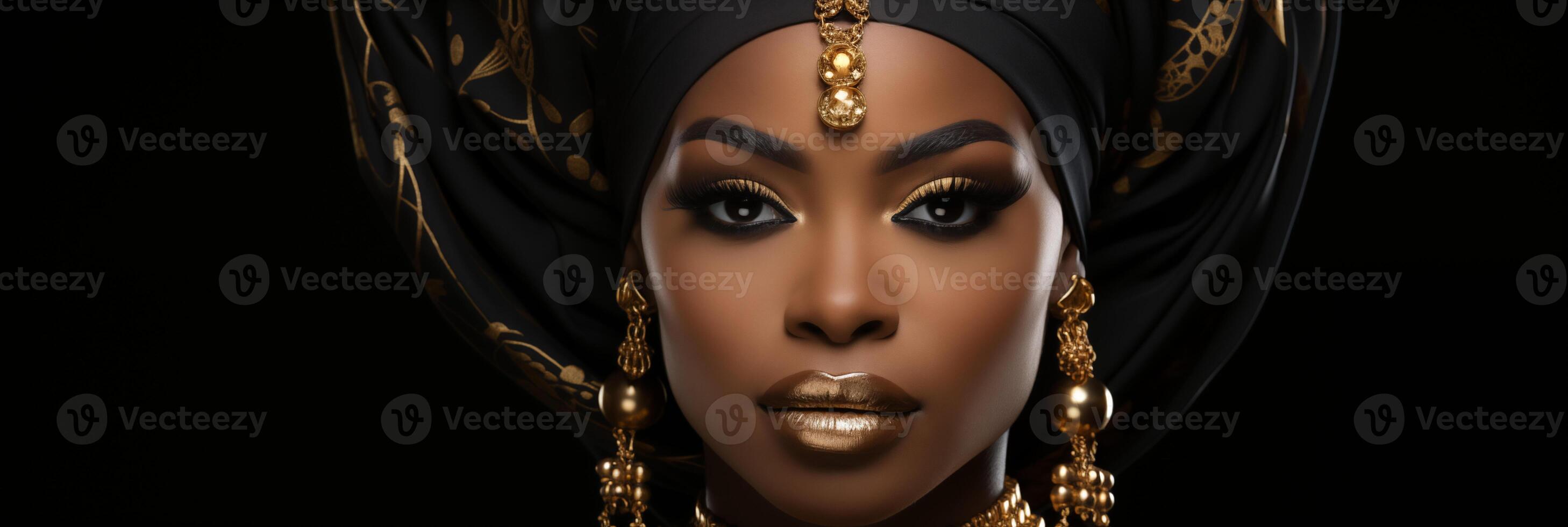 AI generated Banner Stunning African woman with luxurious gold jewelry and patterned headscarf, ideal for beauty and cultural themes. photo