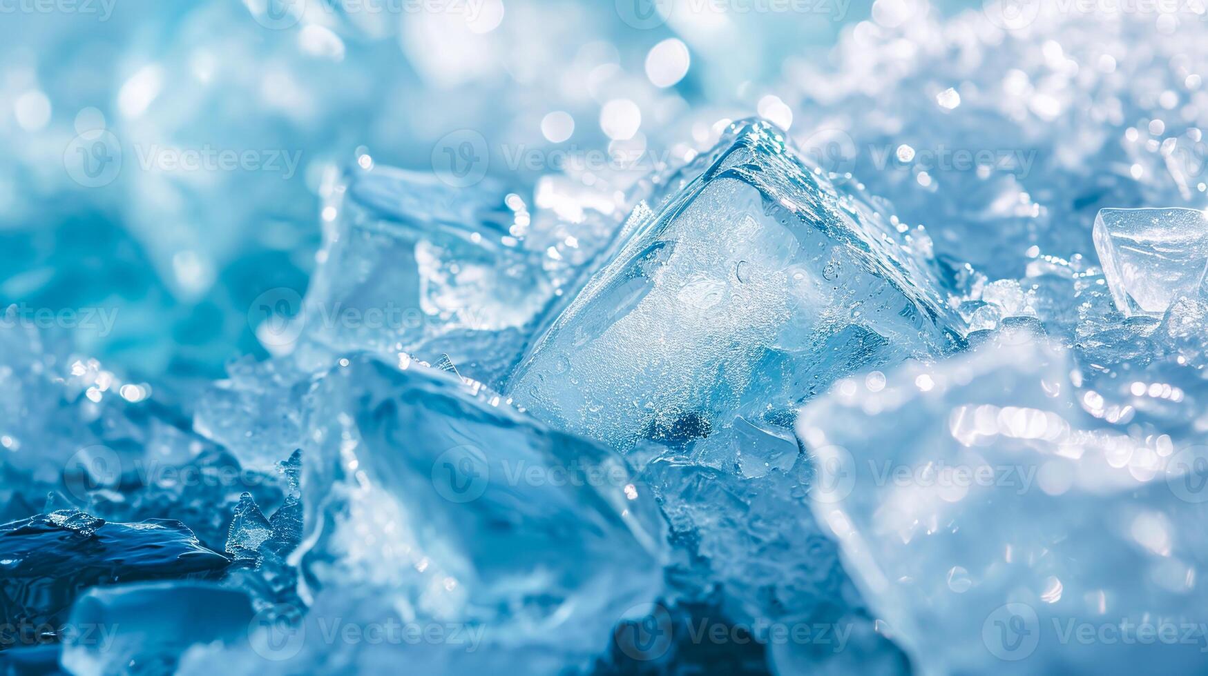 AI generated Crystal-clear ice cubes on a cool blue background, perfect for beverage ads, hydration concepts. photo
