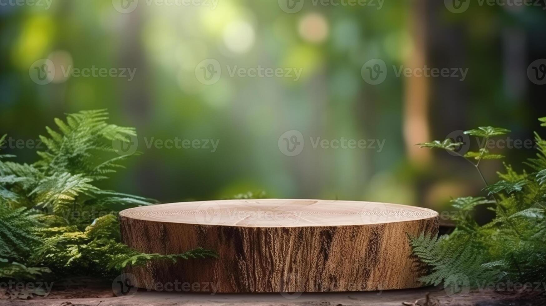 AI generated Natural wooden stump podium in a lush forest setting, perfect for product display, eco-friendly presentations. photo