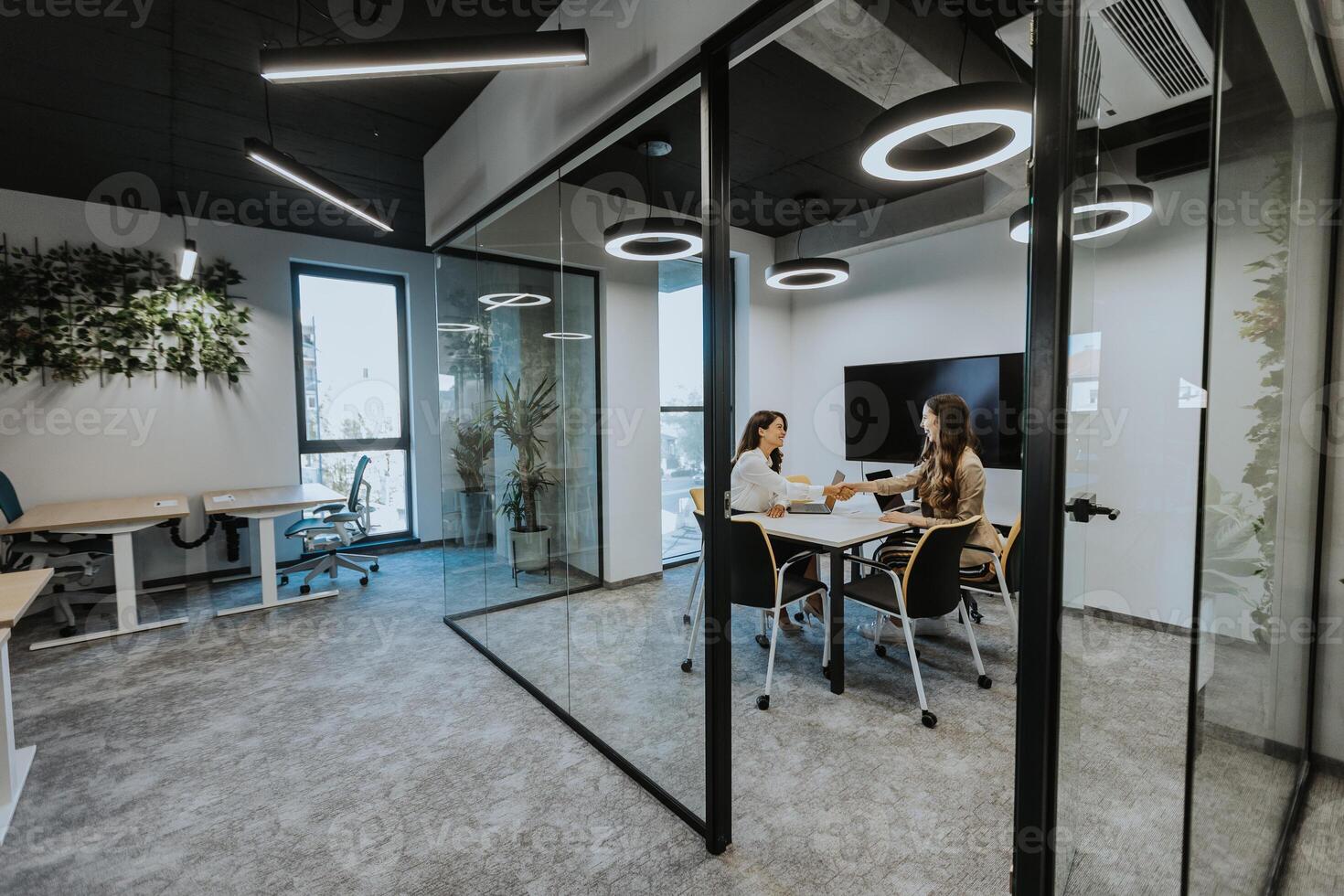 Young business women discussing in cubicle at the office photo