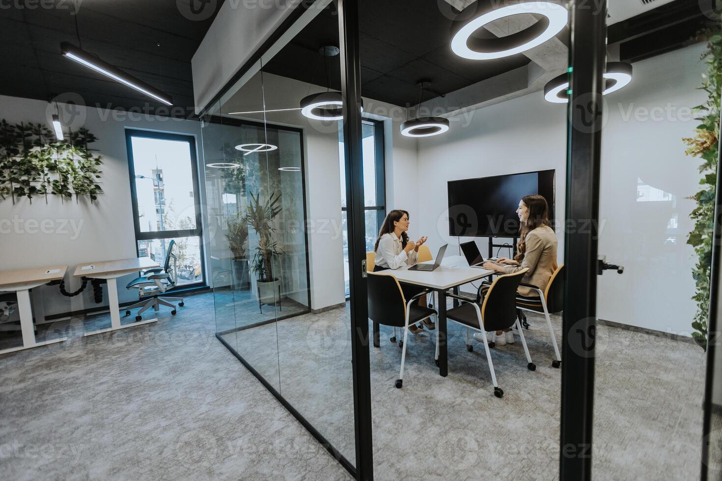 Young business women discussing in cubicle at the office photo