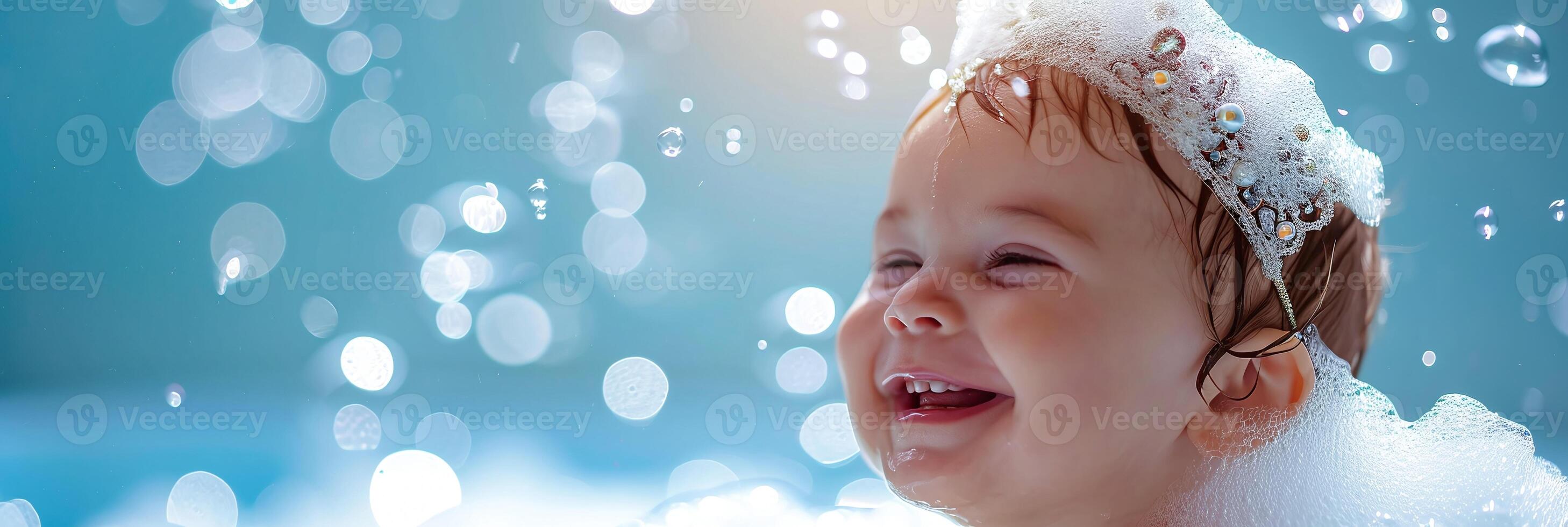 AI generated Gleeful baby in soapy water, playful bath time, infant joy with bubbles, child's cheerful hygiene moment photo