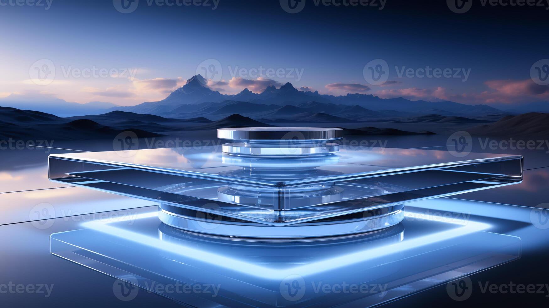 AI generated Futuristic blue glow presentation podium on serene landscape backdrop for events photo