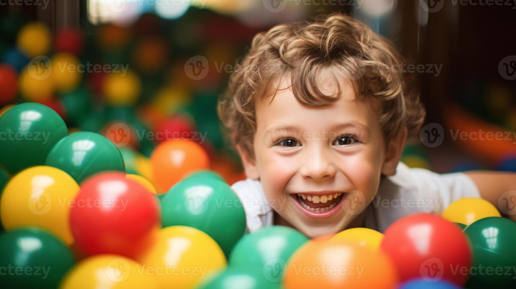 AI generated Joyful boy in vibrant ball pit, ideal for children's play areas, indoor entertainment, and creative kid's room designs. photo