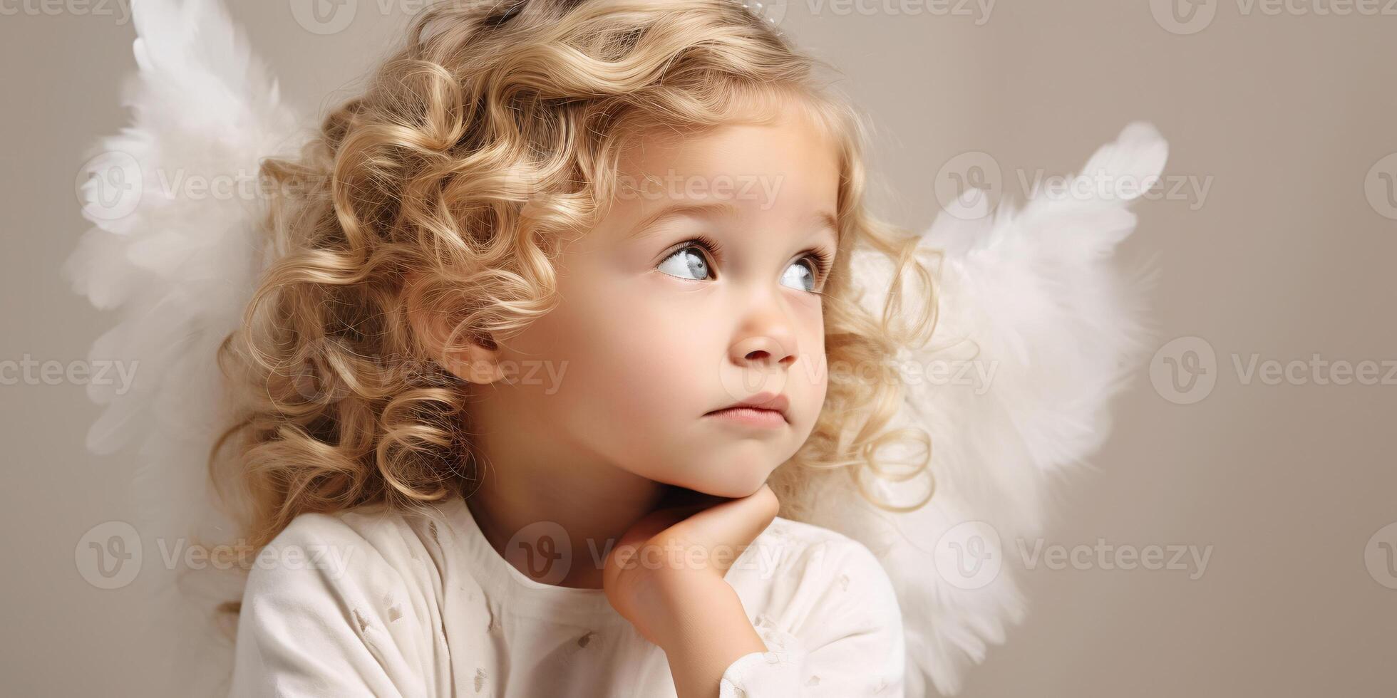 AI generated Child angel with curly golden locks and wings, gazing upward in thought, on a neutral backdrop. photo