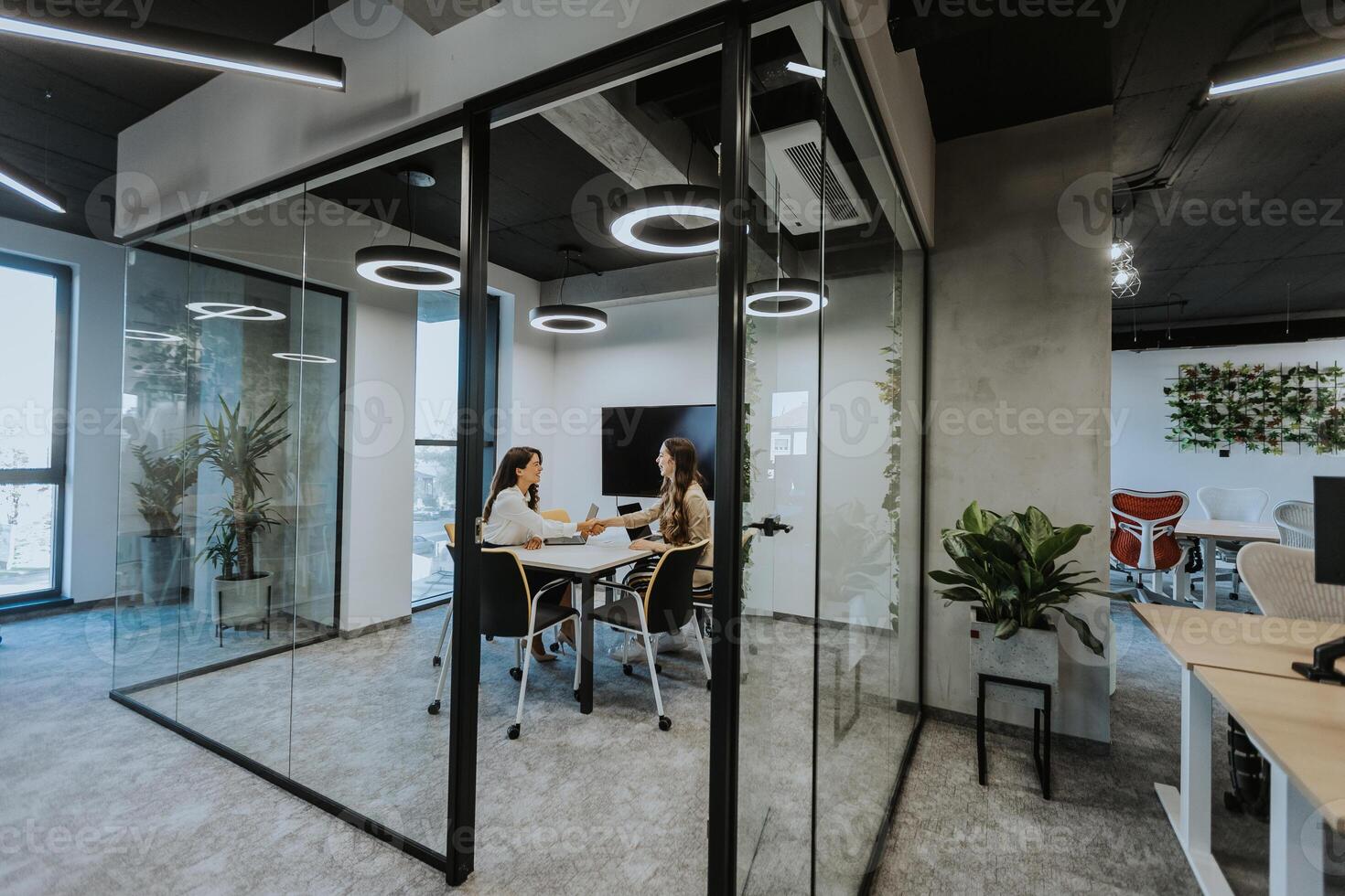 Young business women discussing in cubicle at the office photo