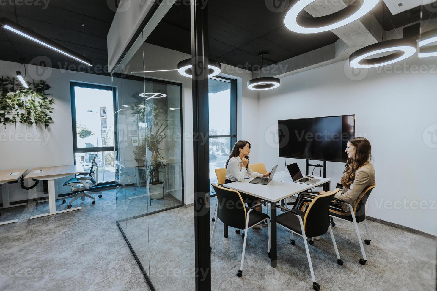 Young business women discussing in cubicle at the office photo