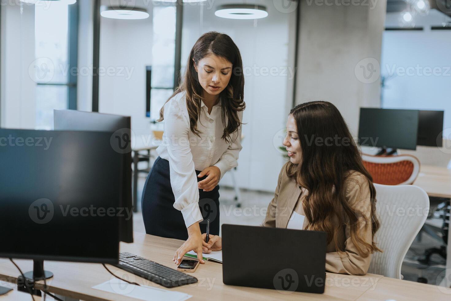 Young business women discussing in cubicle at the office photo