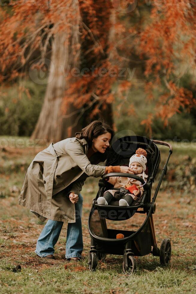 Young woman with cute baby girl in baby stroller at the autumn park photo