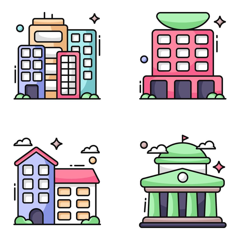 paquete de iconos planos de edificios comerciales vector