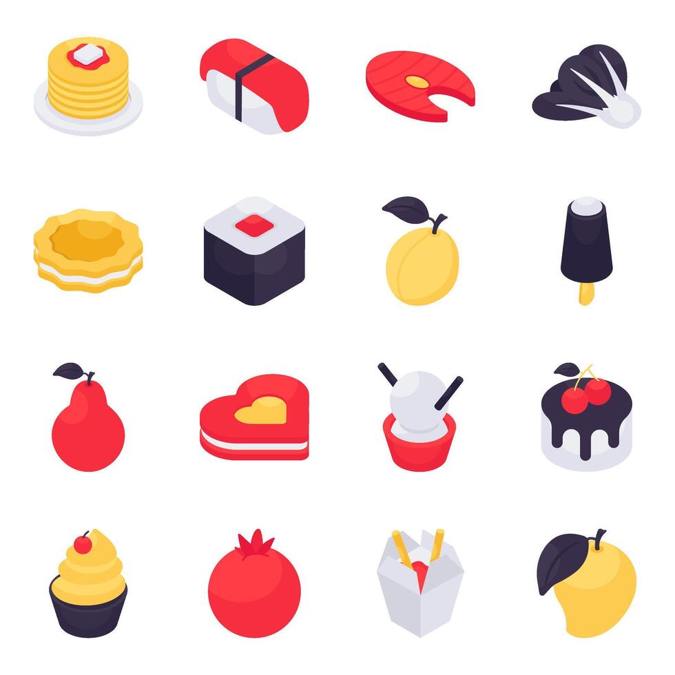 Set of Fruits and Veggies Isometric Icons vector