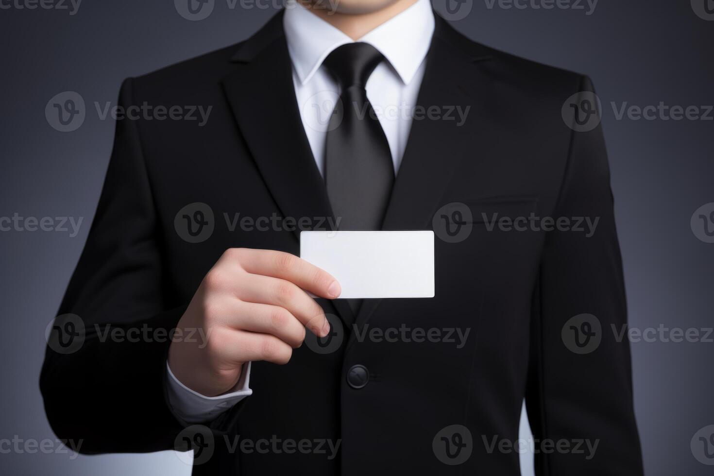 AI Generated Close up male hand unrecognizable man businessman in formal suit employer unknown entrepreneur lawyer arm holding empty blank white business card at city cityscape background evening photo