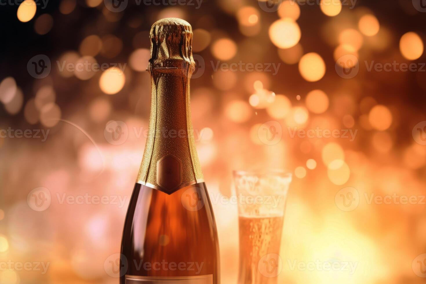 AI Generated Golden glittering shiny champagne sparkling wine alcohol bottle glass confetti holidays evening event festive celebration. Party Christmas New Year anniversary cheering greeting photo